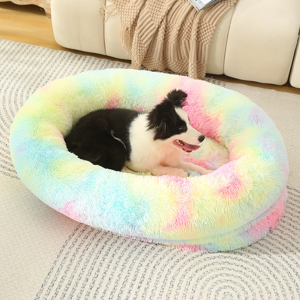 Fluffy Donut Pet Bed – Anti-Anxiety Cozy Cushion (L 90×65×20cm, Rainbow)