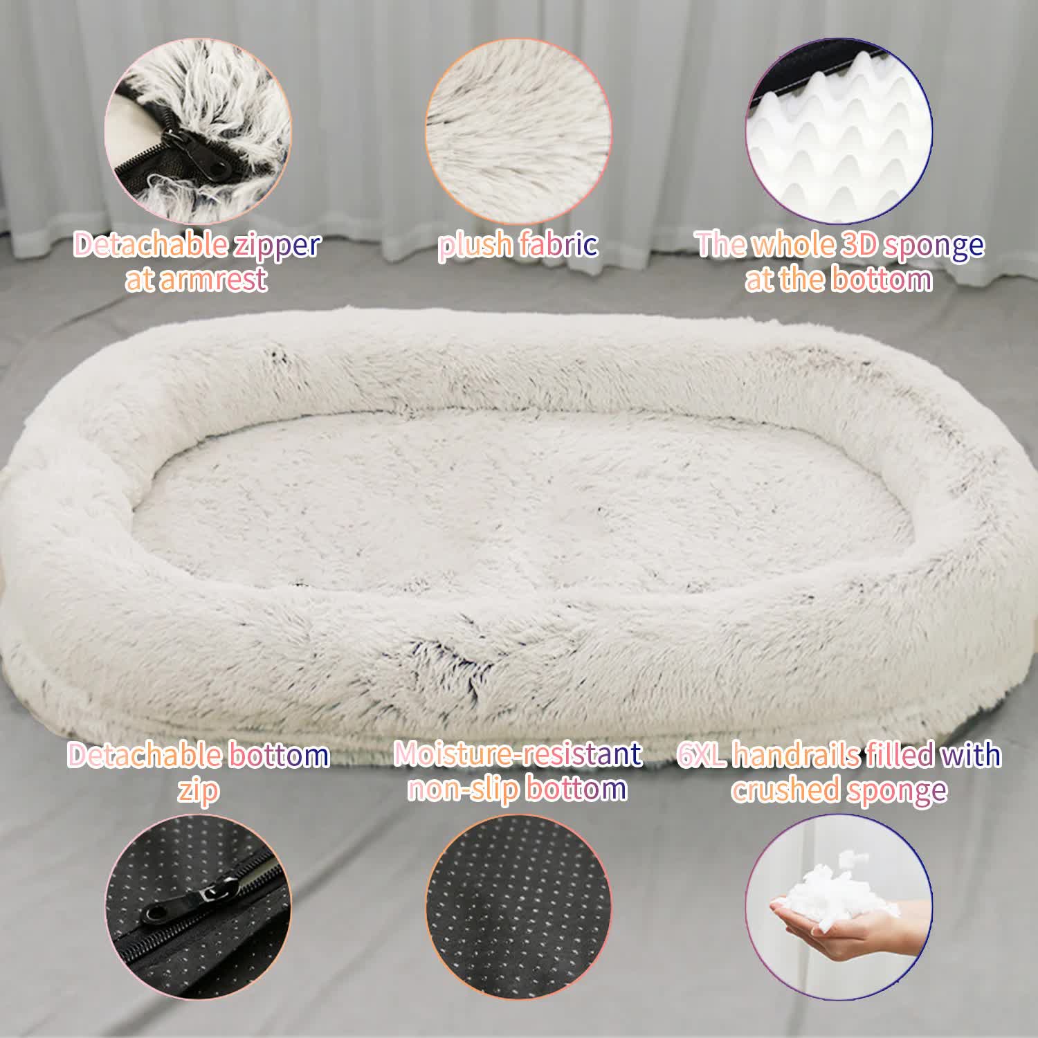 Fluffy Donut Pet Bed – Anti-Anxiety Cozy Cushion (L 90×65×20cm, Rainbow)