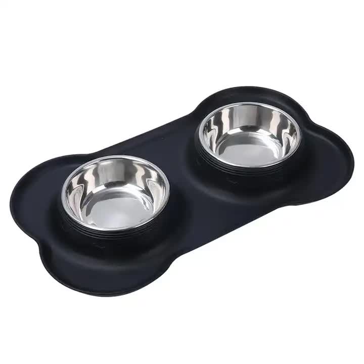 Black Non-Slip Double Stainless Steel Pet Bowl Set with Spill-Resistant Silicone Mat (45×27cm)