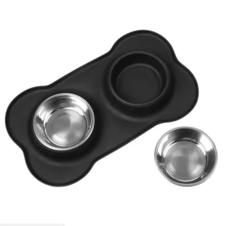 Black Non-Slip Double Stainless Steel Pet Bowl Set with Spill-Resistant Silicone Mat (45×27cm)