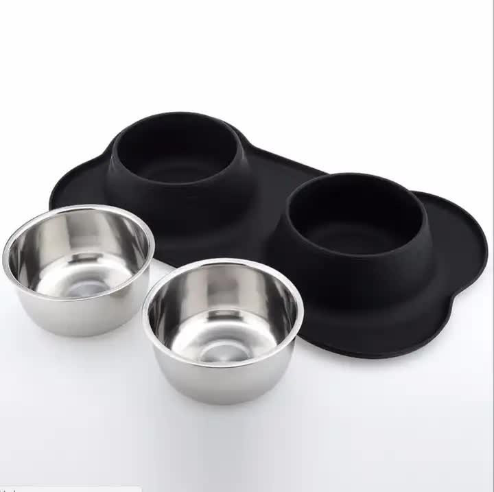 Black Non-Slip Double Stainless Steel Pet Bowl Set with Spill-Resistant Silicone Mat (45×27cm)