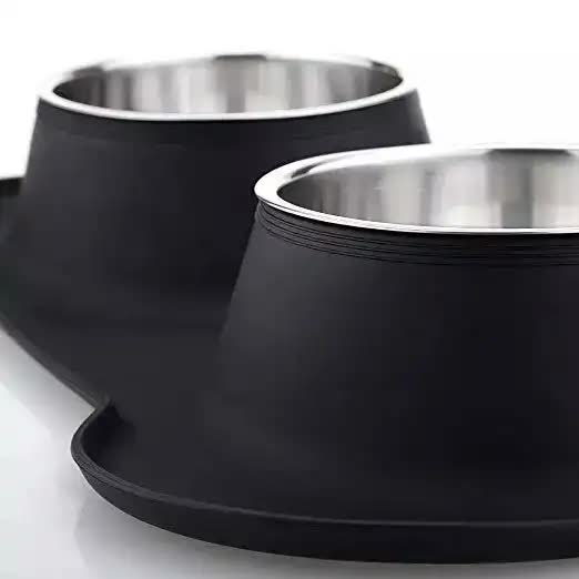 Black Non-Slip Double Stainless Steel Pet Bowl Set with Spill-Resistant Silicone Mat (45×27cm)