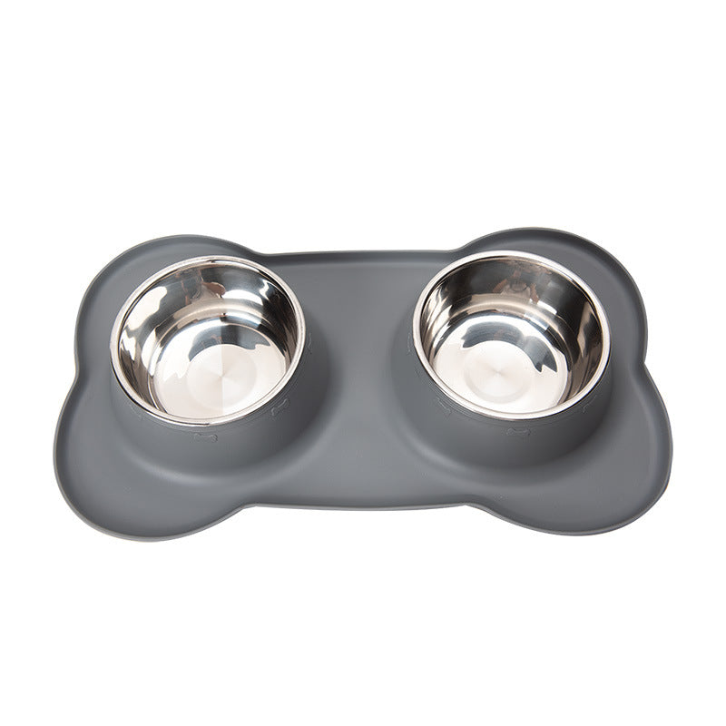 Double Stainless Steel Pet Bowls with Non-Slip Grey Silicone Mat (45×27cm)