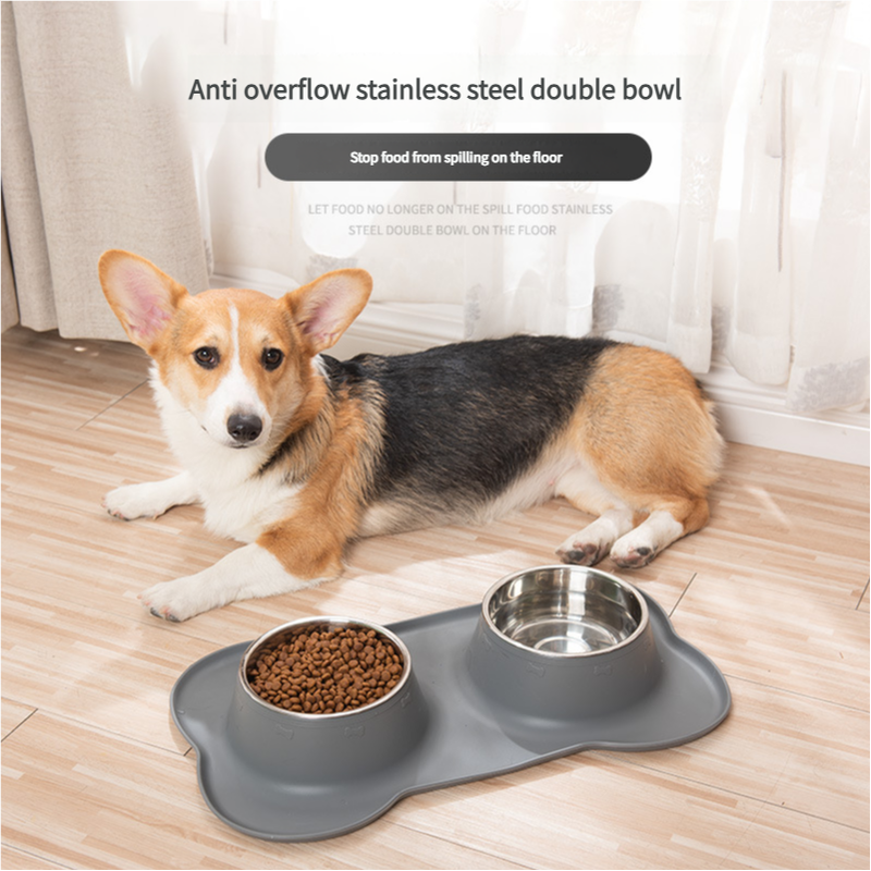 Double Stainless Steel Pet Bowls with Non-Slip Grey Silicone Mat (45×27cm)