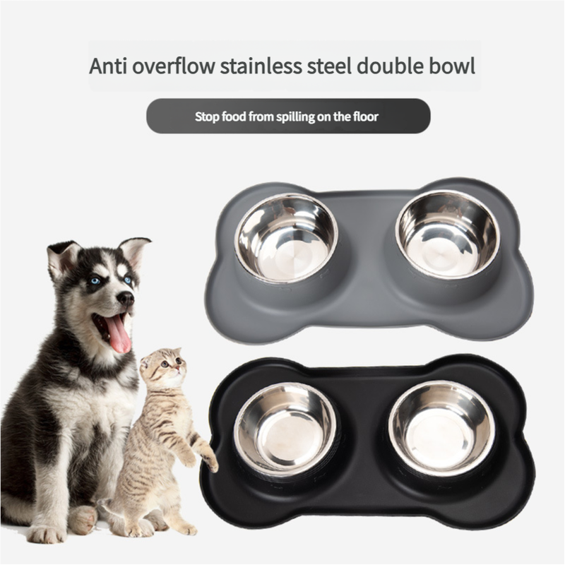 Double Stainless Steel Pet Bowls with Non-Slip Grey Silicone Mat (45×27cm)