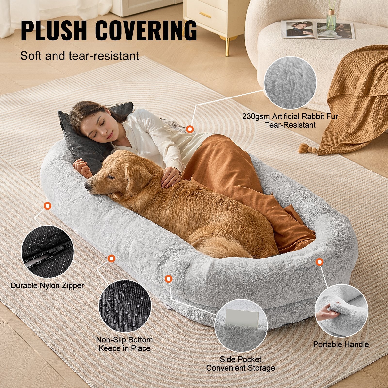 Human-Size Dog Bed – Large Faux Rabbit Fur Mattress with Washable Cover