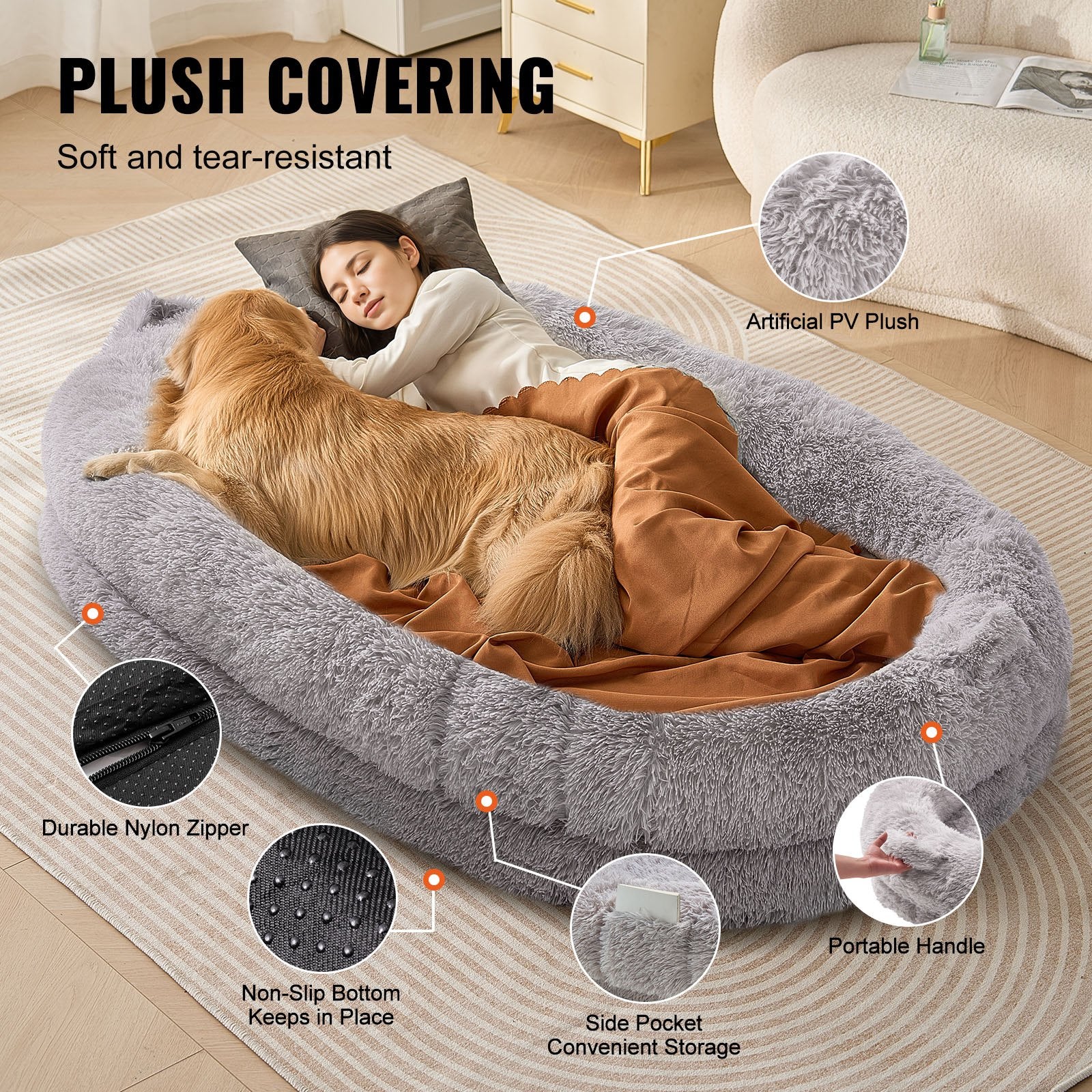 Human-Size Dog Bed – XL Cozy Bean Mattress with Washable PV Velvet Cover